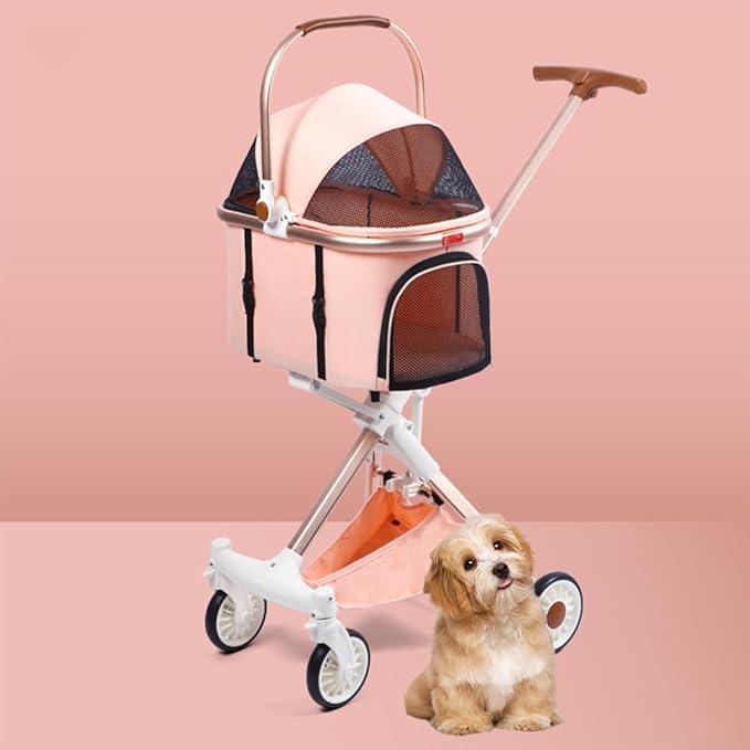 Pet Stroller for Small Medium Dogs Cats, Lightweight Foldable Ventilated Dog Cat Cart, Detachble Portable Pet Bag, Storage Basket, Car Seat 3 in 1 Multifunctional, Max Load 33 lbs (Pink)