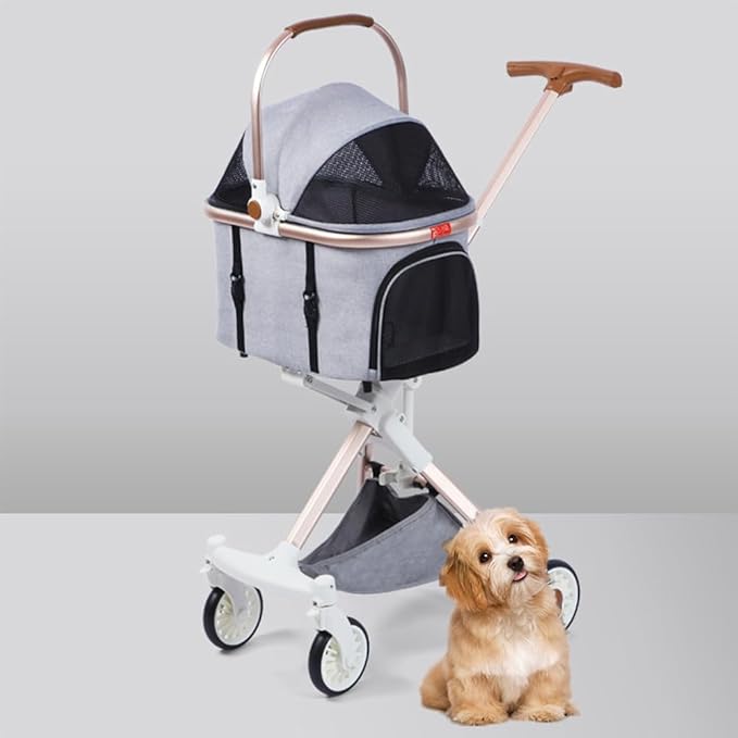 Pet Stroller for Small Medium Dogs Cats, Lightweight Foldable Ventilated Dog Cat Cart, Detachble Portable Pet Bag, Storage Basket, Car Seat 3 in 1 Multifunctional, Max Load 33 lbs (Light Gray)
