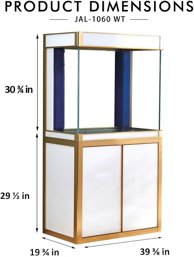 100 Gallon Glass Aquarium with Aluminum Cabinet - Including Sump for Filtration and Circulation, Plumbing, LED, White with Gold Trim
