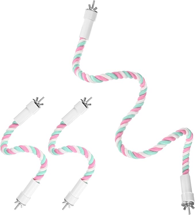 1-Set Rope Perches for Bird Cages, 13.8 & 31.5 in Length Comfort Grip Flexible Rope Perch Beak & Paw Grinding for Parrots/Cockatiels/Parakeets, Bird Platform Sand [Pink Cyan]