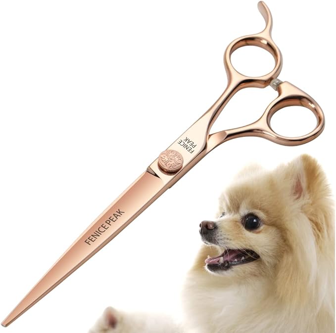 Fenice Peak Straight Dog Grooming Scissors Champagne Gold 440C Stainless Steel Professional Pet Trimming Scissors Sharp Blades Cutting for Dogs and Cats Shears