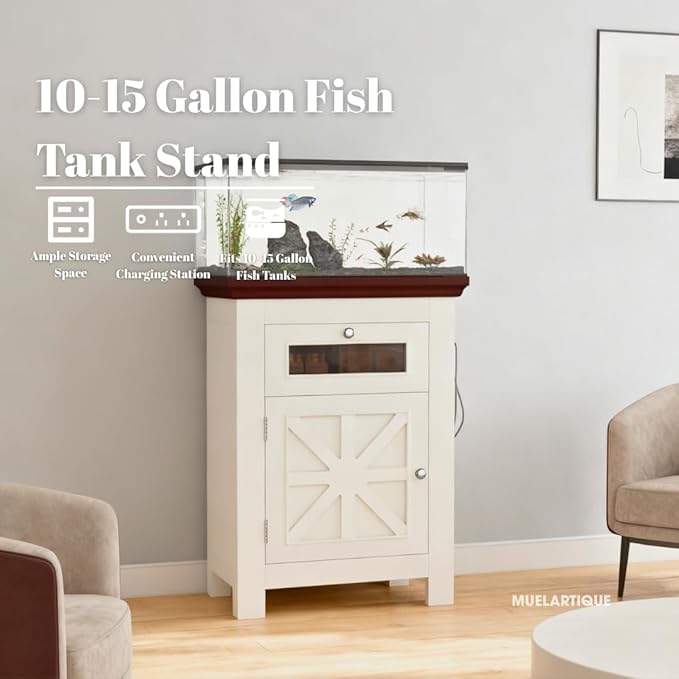 10-15 Gallon Fish Tank Stand with Power Outlets, Aquarium Table with Storage Cabinet & Drawer, 198LBS Capacity Terrarium Stand with USB Ports (Beige + Brown)