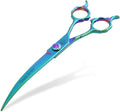 Dog Grooming Scissors: 7" Straight Pet Shears Skeletonized blade Made Of Japanese 440C for Trimming Dogs Cats and Other Pets Green (Curved G, 7")