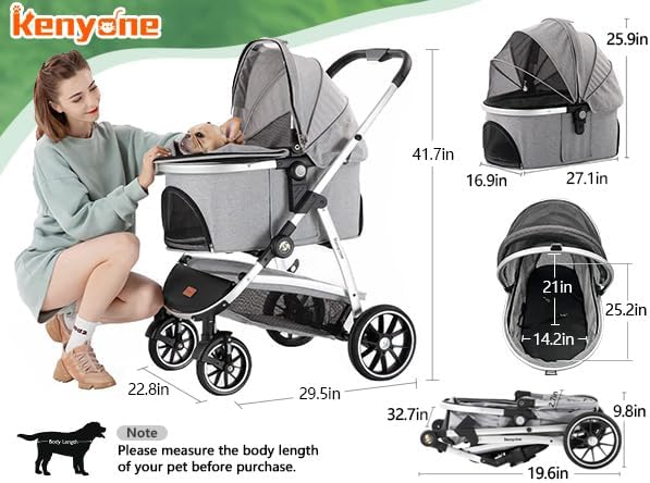 Kenyone Pet Stroller 3 in 1 Dog Stroller for Medium Small Size Dogs, Large Cat Stroller with Detachable Carrier for Puppies, Doggies, Kitties, Bunnies (C510 Gray)