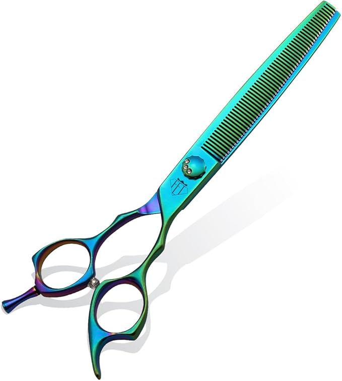 Dog Grooming Scissors: 7" Straight Pet Shears Skeletonized blade Made Of Japanese 440C for Trimming Dogs Cats and Other Pets Green (Thinning G, 7")