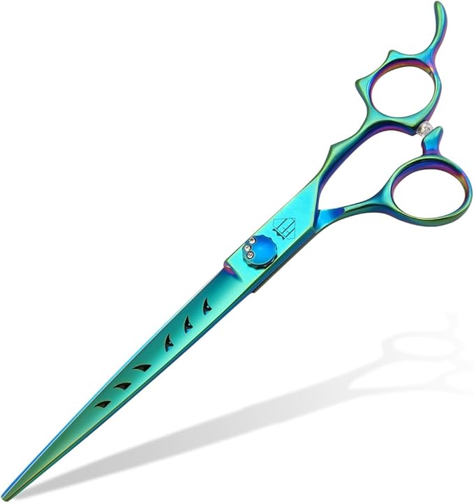 Dog Grooming Scissors: 7" Straight Pet Shears Skeletonized blade Made Of Japanese 440C for Trimming Dogs Cats and Other Pets Green (Straight G, 7")