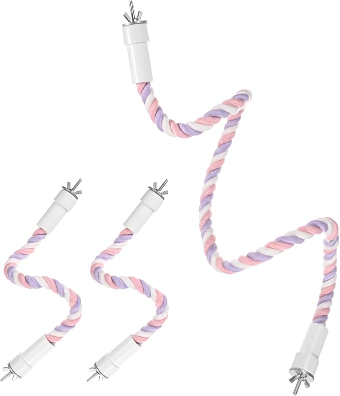 1-Set Rope Perches for Bird Cages, 13.8 & 31.5 in Length Comfort Grip Flexible Rope Perch Beak & Paw Grinding for Parrots/Cockatiels/Parakeets, Bird Platform Sand [Pink Purple]