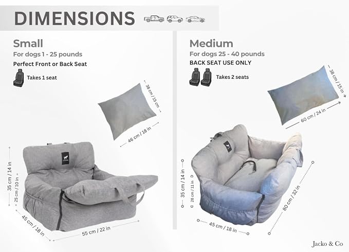 JACKO & CO Premium Dog Car Seat – Safe & Cozy Travel Bed and Carrier for Small Dogs, Puppies, Pets up to 25 lbs, Clip-On Leash & Storage Pockets, Water-Resistant, Machine Washable (Grey, Small)