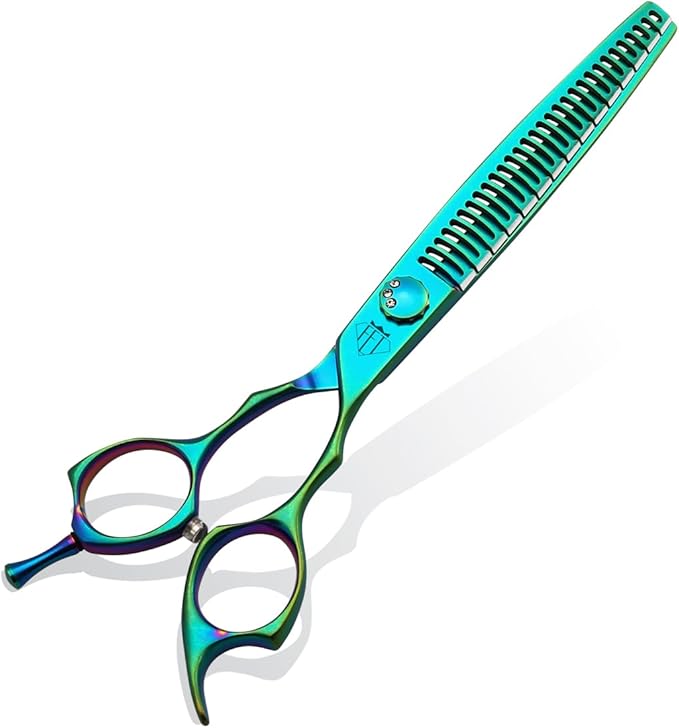 Dog Grooming Scissors: 7" Straight Pet Shears Skeletonized blade Made Of Japanese 440C for Trimming Dogs Cats and Other Pets Green (Chunker G, 7")