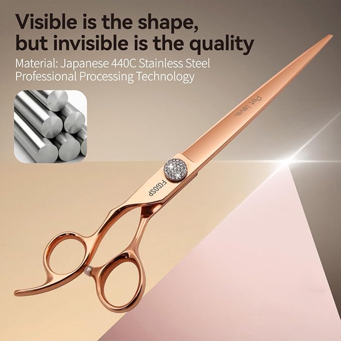 8'' Professional Left Handed Dog Grooming Scissors Straight Long Large Grooming Shears for Dogs Pet Rose Gold Titanium Japan 440C Right Handed Dog Hair Cutting Scissors for Poodle(8,Straight)