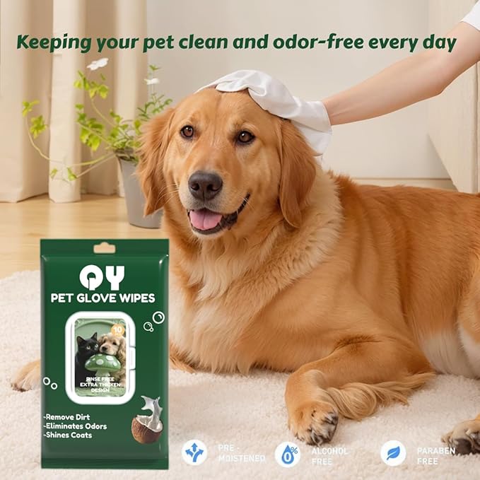 10-Pack Pet Cleaning Glove Wipes with Lid | Extra Thick Dog & Cat Grooming Gloves | Rinse-Free Bath Wipes with Coconut, Aloe, Corn & Jojoba for Odor Control & Daily Care