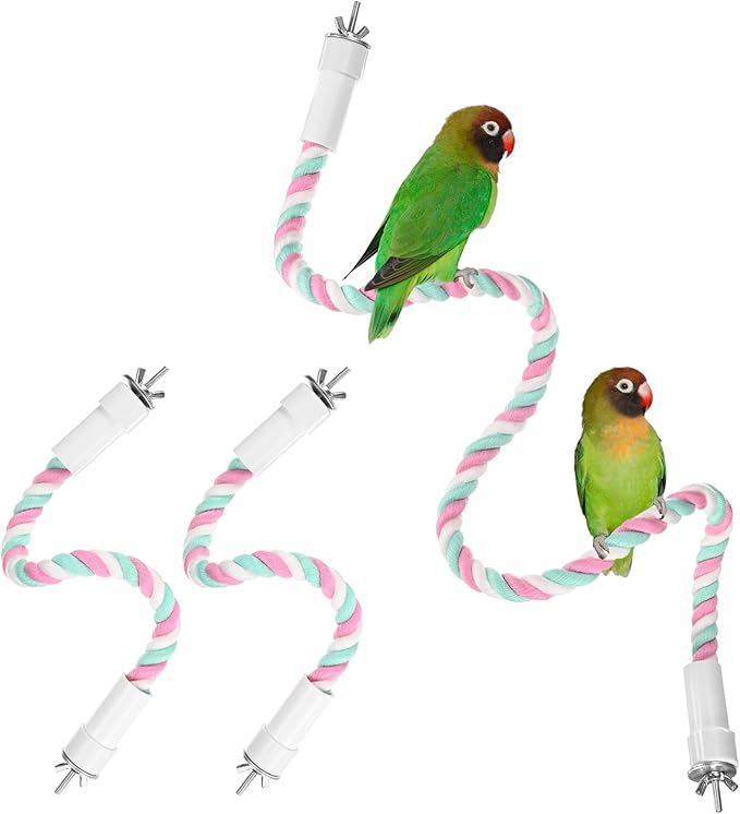 1-Set Rope Perches for Bird Cages, 13.8 & 31.5 in Length Comfort Grip Flexible Rope Perch Beak & Paw Grinding for Parrots/Cockatiels/Parakeets, Bird Platform Sand [Pink Cyan]