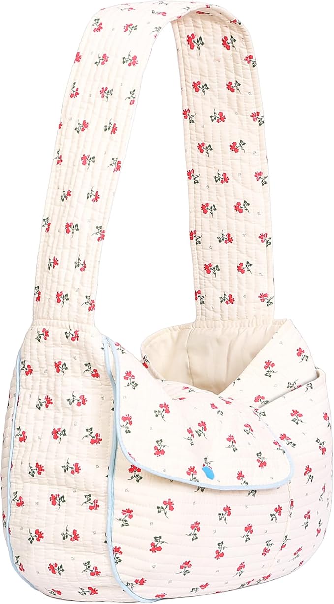 Flower Pet Sling Carrier for Small Dogs and Cats, Breathable Cotton Cats Carrier Purse，Floral Print Puppy Bag 3-10 Lbs, Hand Free Travel Chest Cat Sling, Gifts for Pet Mom Girls（White, Small