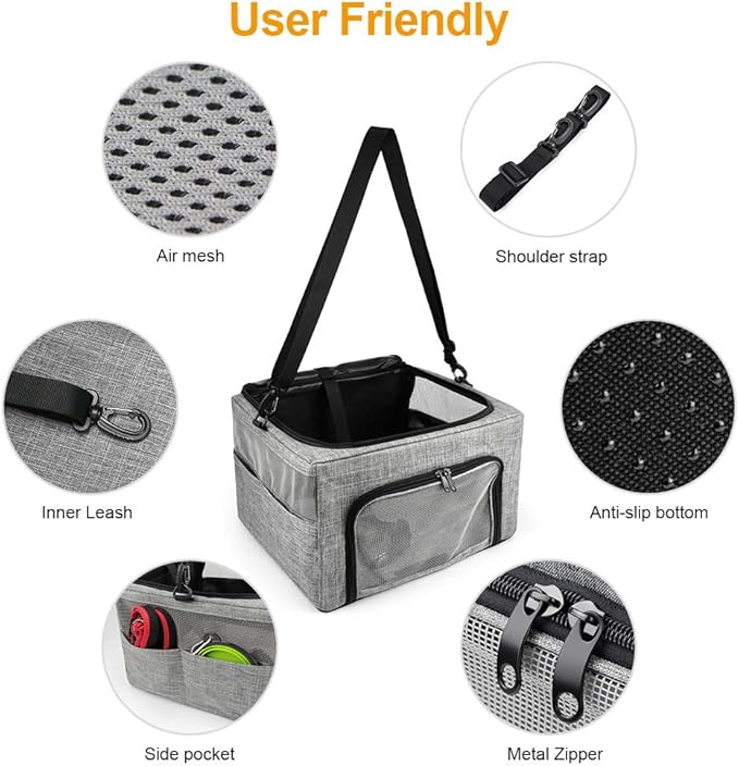 Dog Cat Car Seat, Collapsible Cat Puppy Car Carrier with Metal Frame, Travel Bag for Small Medium Pet up to 15 lbs