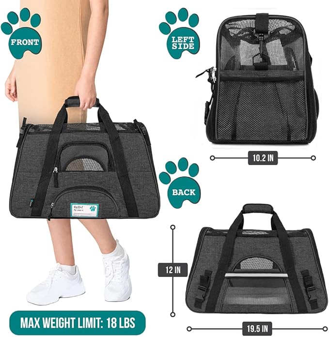 PetAmi Airline Approved Pet Carrier for Cat, Soft Sided Dog Carrier for Small Dog, Cat Travel Supplies Accessories Indoor Cats, Ventilated Pet Carrying Bag Medium Kitten Puppy, Large Heather Dark Gray