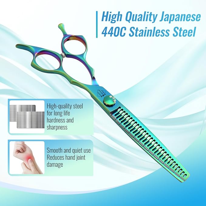 Dog Grooming Scissors: 7" Straight Pet Shears Skeletonized blade Made Of Japanese 440C for Trimming Dogs Cats and Other Pets Green (Chunker G, 7")