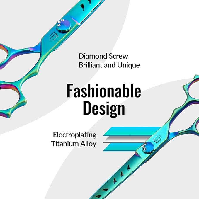 Dog Grooming Scissors: 7" Straight Pet Shears Skeletonized blade Made Of Japanese 440C for Trimming Dogs Cats and Other Pets Green (Straight G, 7")