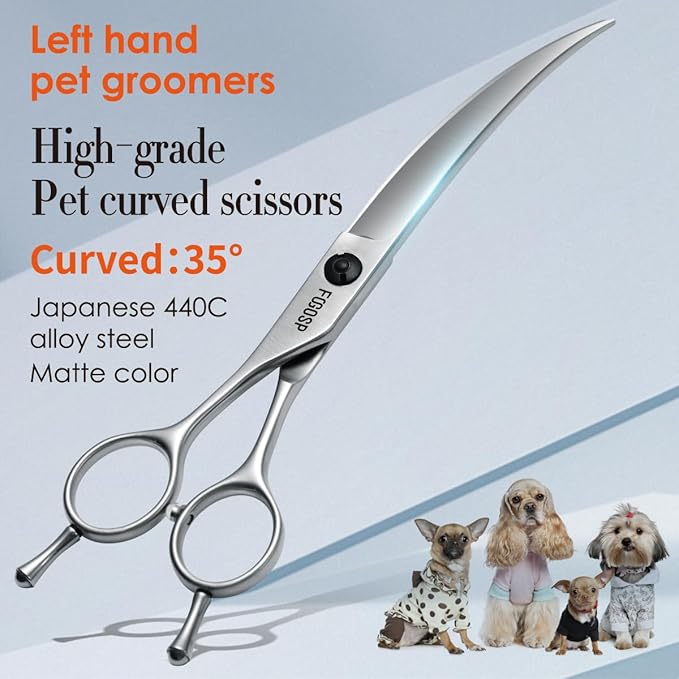 Professional Left Handed Curved Dog Grooming Scissors for Lefty Groomers 35° Arc Grooming Shears for Dogs Pet Cat Japanese 440C Sharp and Durable(7.5 in,Lefty)