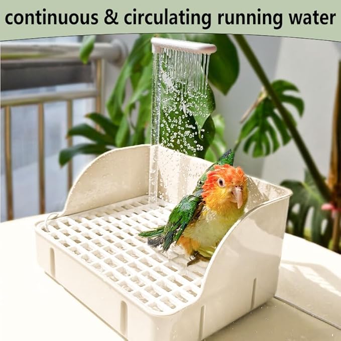 kathson Parrot Bathtub, Automatic Bird Bath Indoor,Parakeet Shower Fountain,Parrot Bath Tub for Pet Birds, Cockatiel, Conure, Budgie, Lovebird, African Grey, Finches,Beige