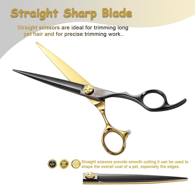 7.5'' Professional Straight Dog Grooming Scissors with Decorative Screw Sharp and Durable Black and Gold 440C Stainless Steel Dog Shears Easy Use for Groomers and Home user.