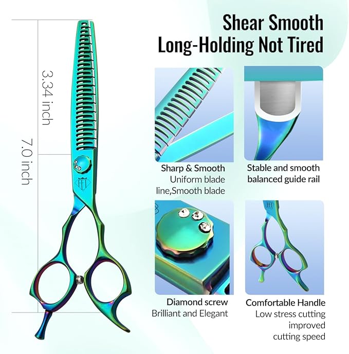 Dog Grooming Scissors: 7" Straight Pet Shears Skeletonized blade Made Of Japanese 440C for Trimming Dogs Cats and Other Pets Green (Chunker G, 7")