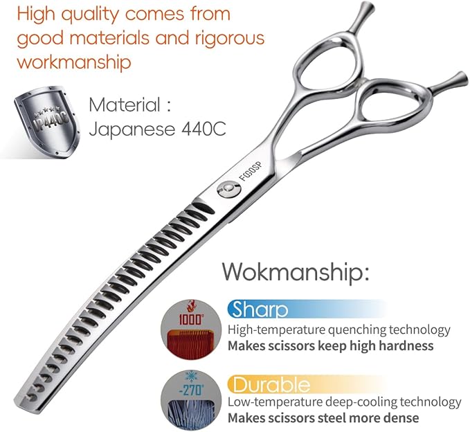 Curved Thinning Shears for Dogs Grooming 7.5'' Downward Curved Chunker Dog Grooming Scissors for Medium Large Dog 75% Thinning Rate (7.5 In, Chunker)
