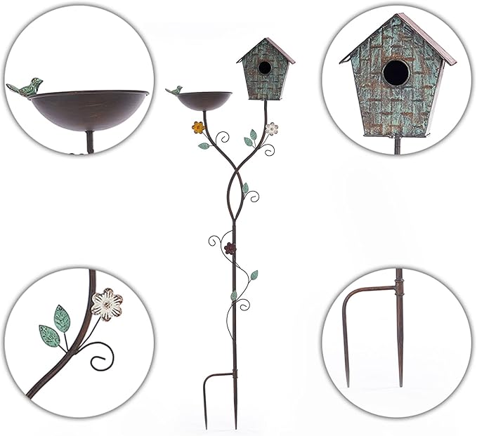 Bird Baths and BirdHouses with Pole, Distressed Metal Bird Bath Bowl and Birdhouse Stake for Outdoor Garden Yard Decoration (Bird Baths/BirdHouses-B)