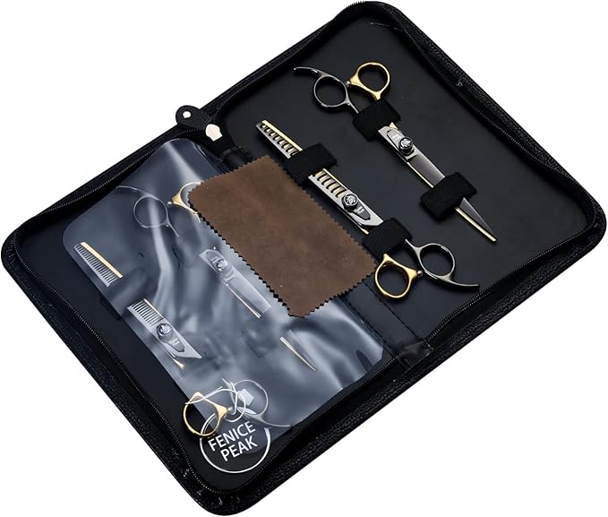 Fenice Peak 8'' Black and Gold Two-color Dog Grooming Scissors Set Straight Thinning Curved and Chunker Shears 4PCS Set with Pattern Screw and Ergonomic Offest Handle 440C Sharp and Durable