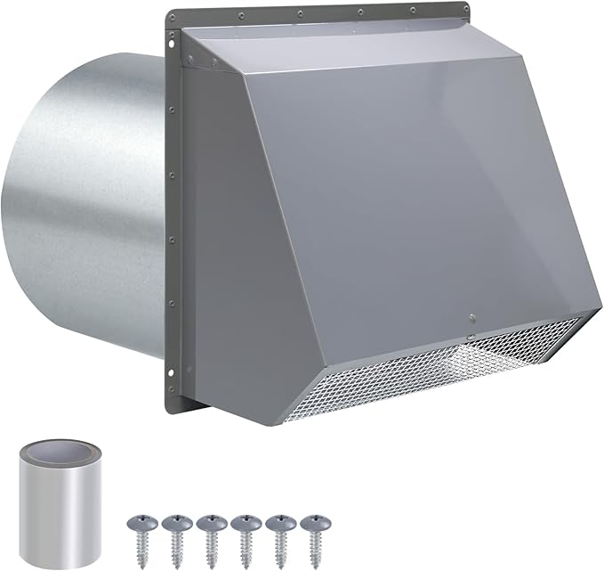 10 Inch Hooded Wall Vent Exhaust with Screen and Damper,Outdoor Wall Exhaust Vent Cover Cap for Kitchen Range Hood Outside Exterior Dryer Ventilation,Galvanized Steel,Gray