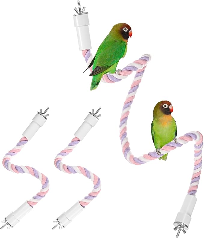 1-Set Rope Perches for Bird Cages, 13.8 & 31.5 in Length Comfort Grip Flexible Rope Perch Beak & Paw Grinding for Parrots/Cockatiels/Parakeets, Bird Platform Sand [Pink Purple]