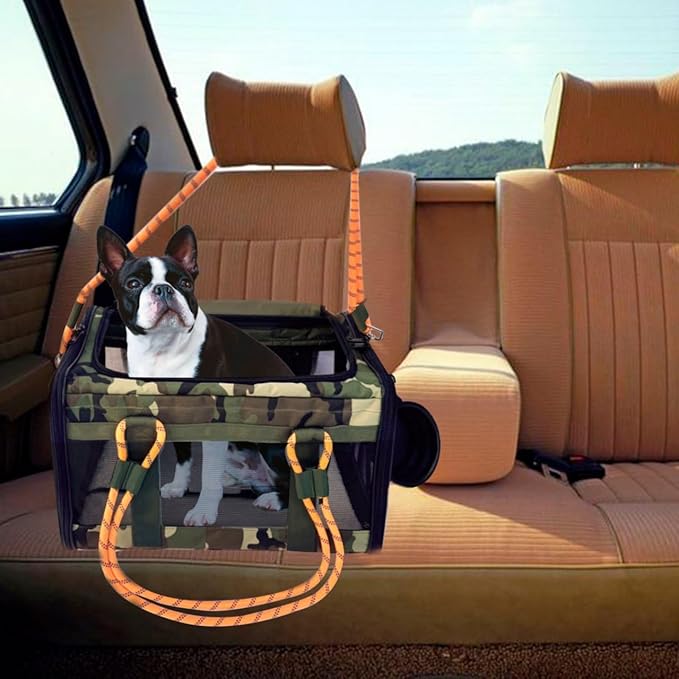Airline Approved Pet Carrier for Small Dogs & Cats Soft-Sided, TSA Approved, Under Seat Travel & Gym Bag, Fits Pets Up to 20 lbs Includes Leash, Camo & Orange, Lightweight & Portable (Camo Orange)