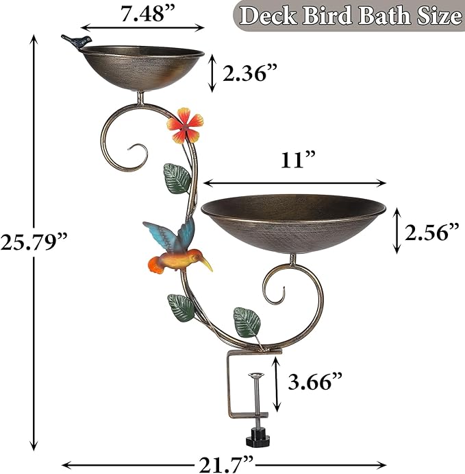 Deck Bird Bath and Feeder, Metal Decorative Bird Bath for Deck Railing, Detachable Balcony Bird Baths, Antique Gold Birdbath with Adjustable Clamp for Outdoors Patio Porch Garden Rail Mount