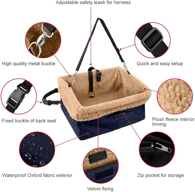 Deluxe Dog Car Seat Fits Pets up to 15lbs, Dog Booster Seat, Padded Cushioning, Adjustable Straps, Metal Frame Encasing, Installs in Seconds, Collapsible Canvas and Easy to Clean
