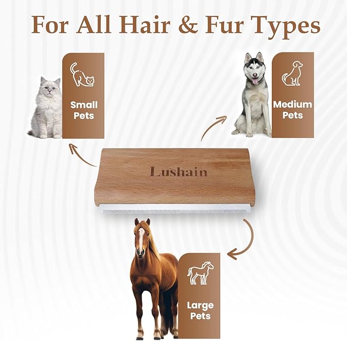Deshedding Brush for Dogs & Cats | Professional Pet Grooming Brush | Removes Loose Fur, Dirt & Hair | Small, Medium & Large Pets | Ergonomic Handle| Cat Brush | Dog Brush (Nature wood, 5 inch)