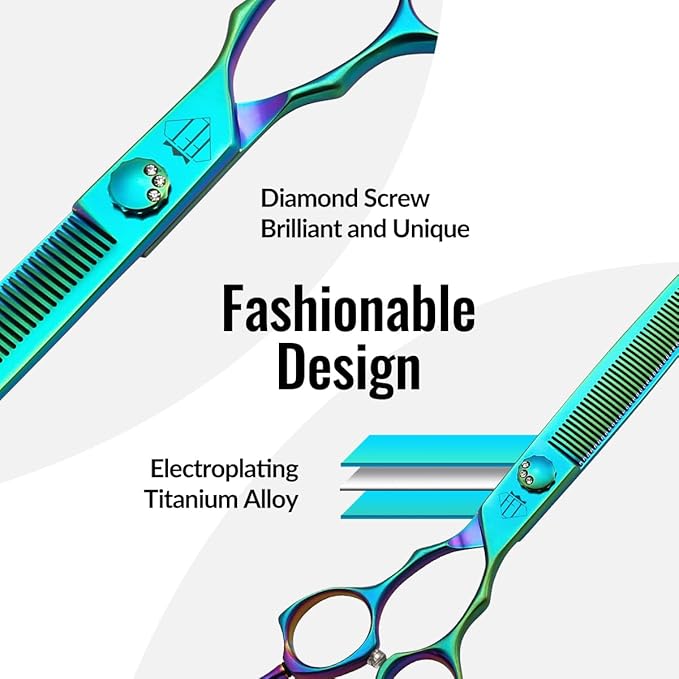 Dog Grooming Scissors: 7" Straight Pet Shears Skeletonized blade Made Of Japanese 440C for Trimming Dogs Cats and Other Pets Green (Thinning G, 7")