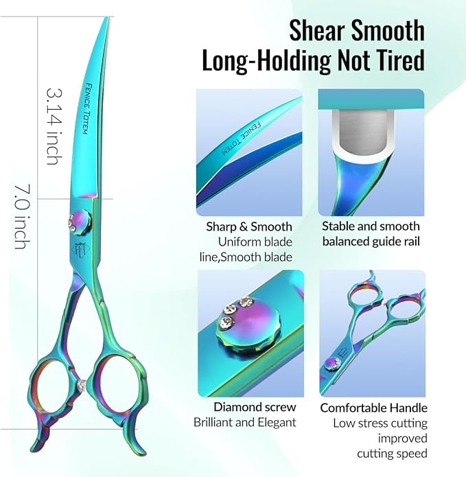 Dog Grooming Scissors: 7" Straight Pet Shears Skeletonized blade Made Of Japanese 440C for Trimming Dogs Cats and Other Pets Green (Curved G, 7")