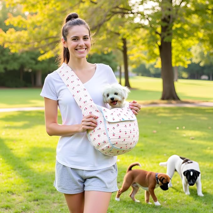 Flower Pet Sling Carrier for Small Dogs and Cats, Breathable Cotton Cats Carrier Purse，Floral Print Puppy Bag 3-10 Lbs, Hand Free Travel Chest Cat Sling, Gifts for Pet Mom Girls（White, Small