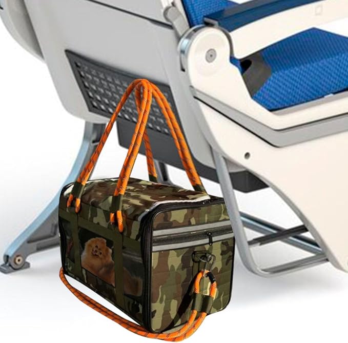 Airline Approved Pet Carrier for Small Dogs & Cats Soft-Sided, TSA Approved, Under Seat Travel & Gym Bag, Fits Pets Up to 20 lbs Includes Leash, Camo & Orange, Lightweight & Portable (Camo Orange)
