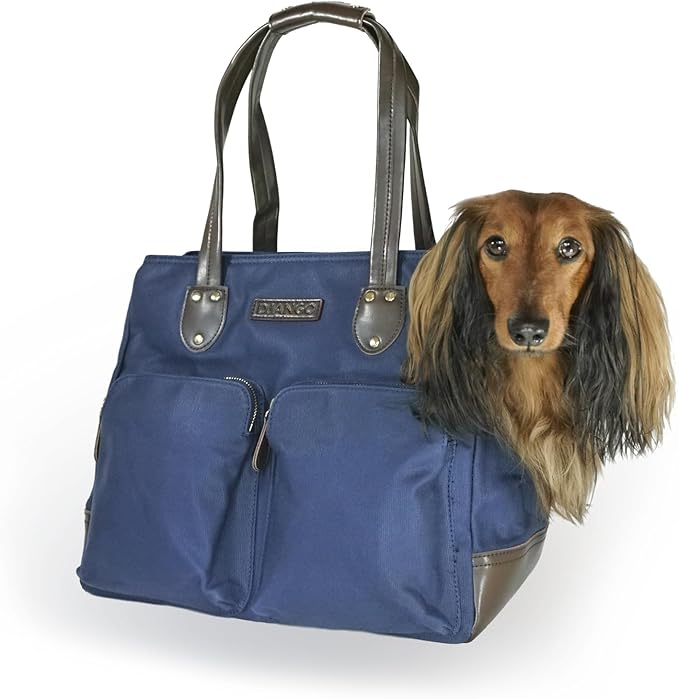 DJANGO Waxed Canvas & Leather Dog Carrier Tote Bag – Premium Soft-Sided Travel Dog Purse with Safety Leash, WR Lining, Zipper Pockets – Everyday Pet Carrier for Small Dogs up to 20 lbs (Navy, Large)