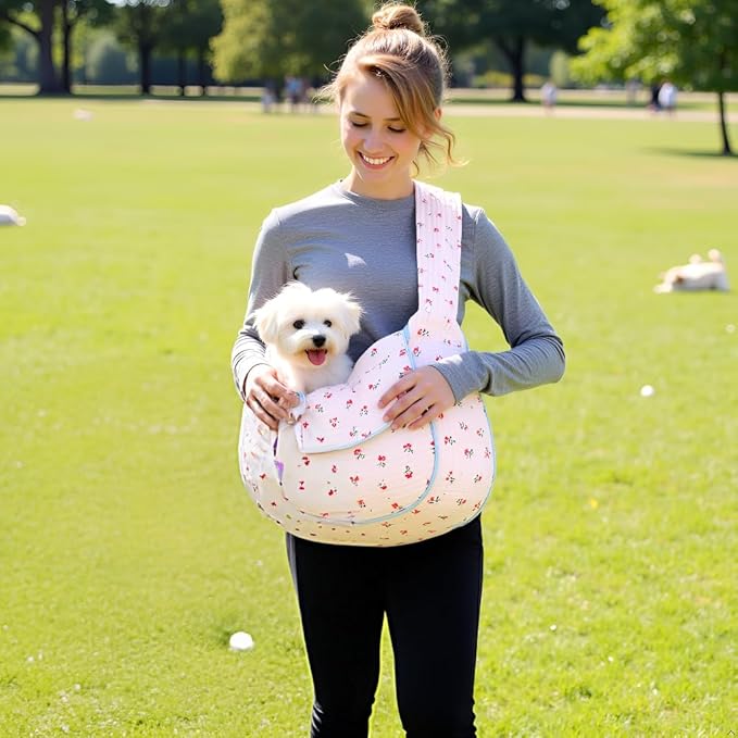 Floral Pet Carrier Sling, Breathable Cotton Dog Purse Carrier, Hand-Free Travel Puppy Purse for Small Dog 5-15 lbs, Cat Sling Chest, Per Mom Dad Gifts(White, Large)