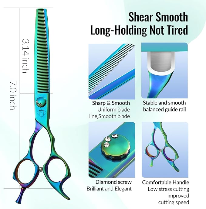 Dog Grooming Scissors: 7" Straight Pet Shears Skeletonized blade Made Of Japanese 440C for Trimming Dogs Cats and Other Pets Green (Thinning G, 7")