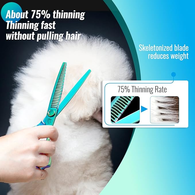 Dog Grooming Scissors: 7" Straight Pet Shears Skeletonized blade Made Of Japanese 440C for Trimming Dogs Cats and Other Pets Green (Chunker G, 7")