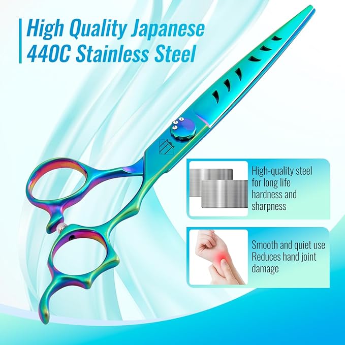 Dog Grooming Scissors: 7" Straight Pet Shears Skeletonized blade Made Of Japanese 440C for Trimming Dogs Cats and Other Pets Green (Straight G, 7")