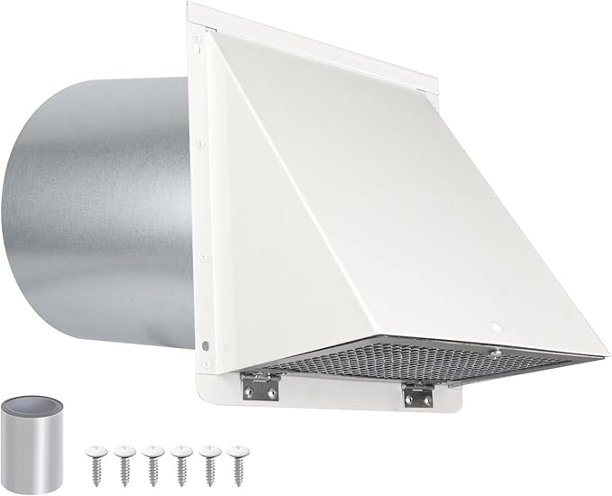 10 Inch Hooded Wall Vent with Screen and Damper,Galvanized Steel Exterior Wall Exhaust Vent Cover Cap for Kitchen Range Hood Duct Ventilation Outside Air Exhaust Applications,White
