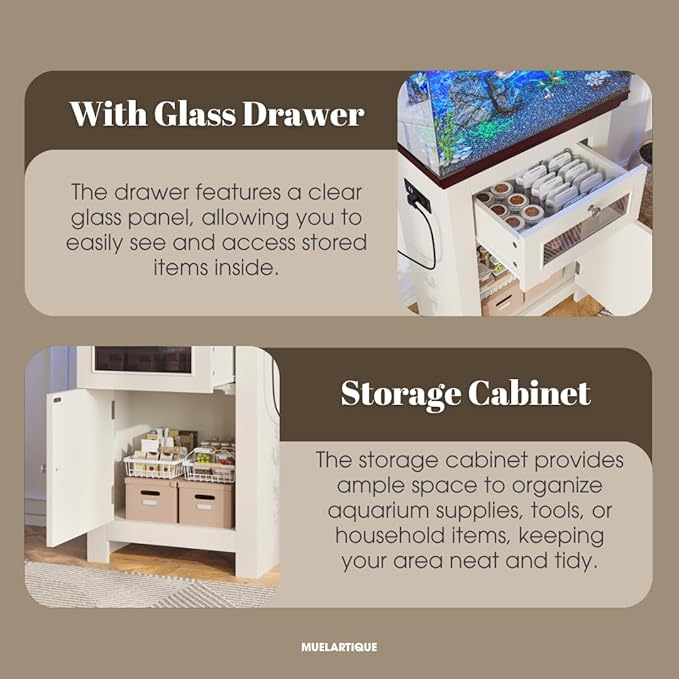 10-15 Gallon Fish Tank Stand with Power Outlets, Aquarium Table with Storage Cabinet & Drawer, 198LBS Capacity Terrarium Stand with USB Ports (Beige + Brown)