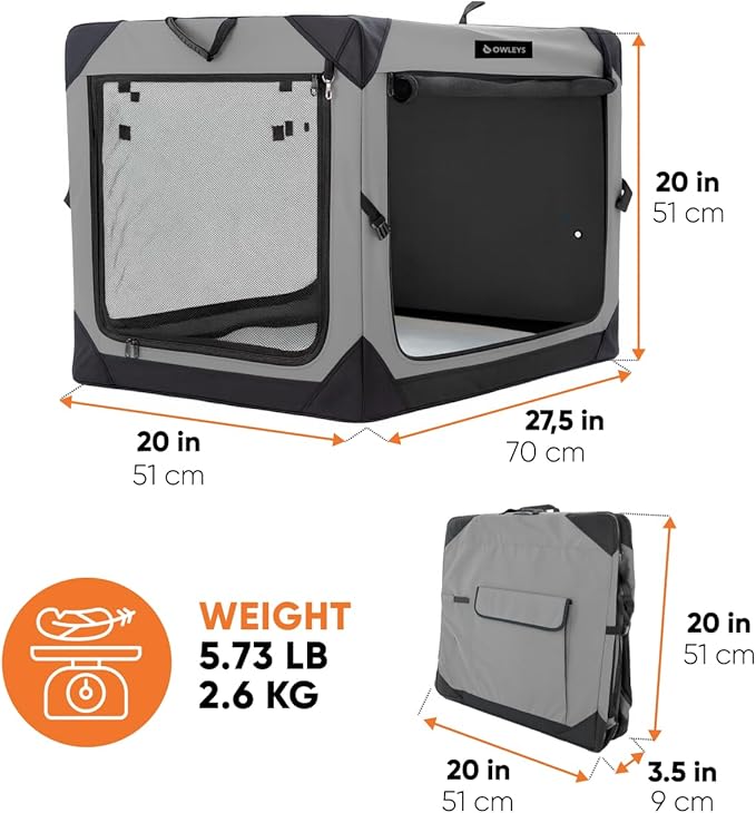 Owleys Dog Crates for Small Dogs – 27.5" L x 20" W x 20.5" H Pop Up Kennel for Medium Dogs, Portable Indoor Pet Crate - Portable with Mesh Windows - Grey Color