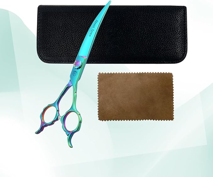 Dog Grooming Scissors: 7" Straight Pet Shears Skeletonized blade Made Of Japanese 440C for Trimming Dogs Cats and Other Pets Green (Curved G, 7")