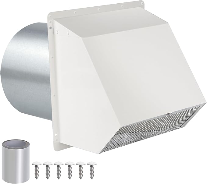 10" Hooded Wall Vent with Screen and Damper,Outdoor Wall Mount Exhaust Vent Cover Cap Dry Vent Hood Air Ventilation for Kitchen Range Hood HVAC Duct House and Industrial Facilities, White