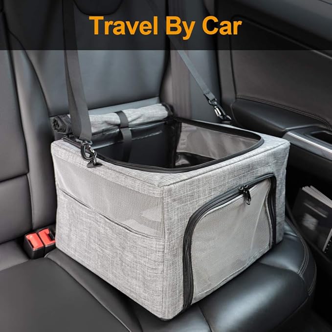 Dog Cat Car Seat, Collapsible Cat Puppy Car Carrier with Metal Frame, Travel Bag for Small Medium Pet up to 15 lbs