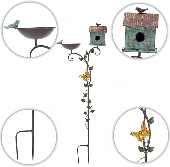 Bird Baths and BirdHouses with Pole, Distressed Metal Bird Bath Bowl and Birdhouse Stake for Outdoor Garden Yard Decoration (Bird Baths/BirdHouses-C)